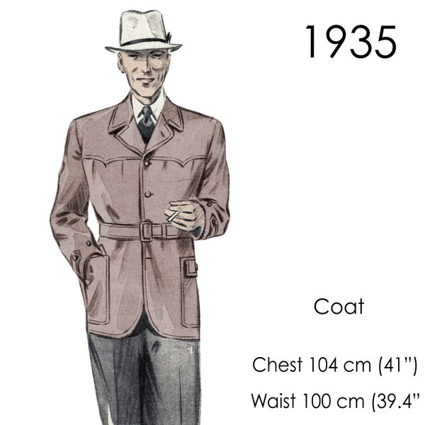 1930s Men's sports coat pattern with belt. Original vintage size: chest 104 cm (41")