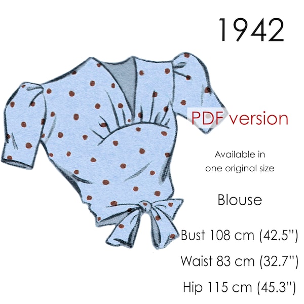 1940s Blouse pattern with V-neckline, bust gathers & short sleeves. Original vintage size 108 cm / 42"- 43" bust