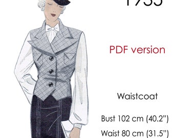 1930s Waistcoat pattern, Vest pattern with peaked notched collar. Vintage original bust size 102 cm (40&quot;)
