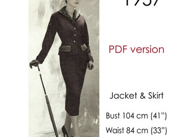 1950s Suit with shawl collar jacket and pencil skirt. Original vintage size for a 104 cm/ 41" bust