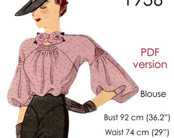 May include: A vintage 1936 PDF sewing pattern for a blouse with a gathered neckline and long, puffed sleeves. The pattern includes measurements for bust, waist, and hip in both inches and centimeters.