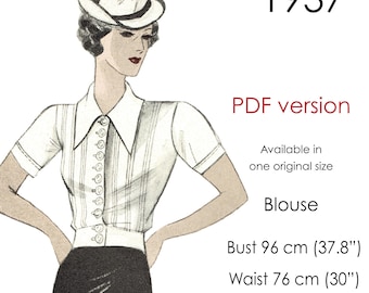 1930s Blouse pattern with front tucks, short sleeves and long pointed collar. Original vintage size 96 cm/ 37"- 38" bust.