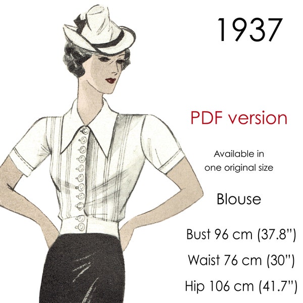 1930s Blouse pattern with front tucks, short sleeves and long pointed collar. Original vintage size 96 cm/ 37"- 38" bust.