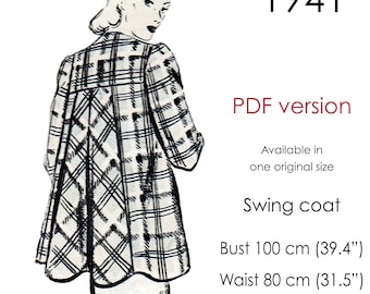 Wykrój na płaszcz rozkloszowany z lat 40. XX wieku. Płaszcz rozkloszowany z karczkiem i rozkloszowanym tyłem. Oryginalny rozmiar vintage, biust: 100 cm (39,4 cala).