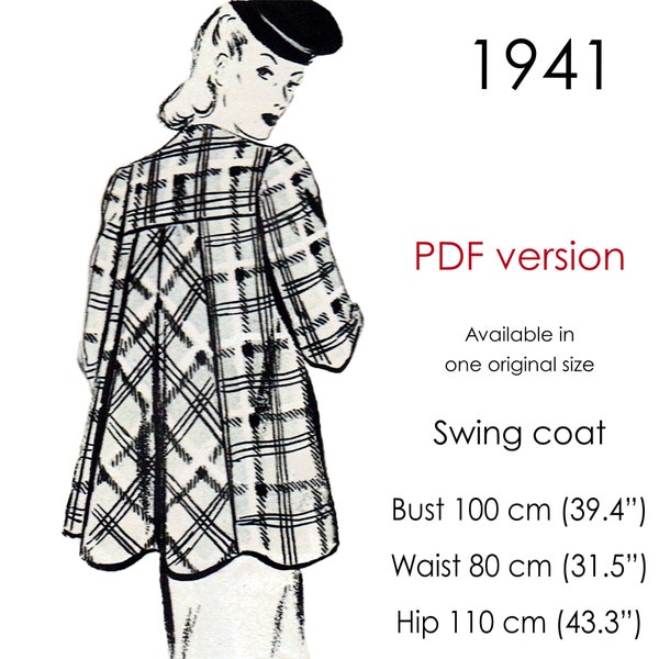 1940s Swing coat sewing pattern. Swing coat with yoke and flared back. Original vintage size for  bust: 100 cm (39.4")