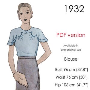 1930s Blouse pattern. Short raglan sleeves, front pin-tucks. Original vintage size: bust 96 cm (37.8")