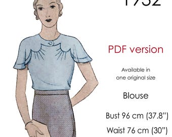 May include: A vintage 1932 blouse sewing pattern in PDF format. The pattern is available in one size with measurements for bust, waist, and hip in inches and centimeters. The pattern features a light blue blouse with a round neckline and short sleeves.