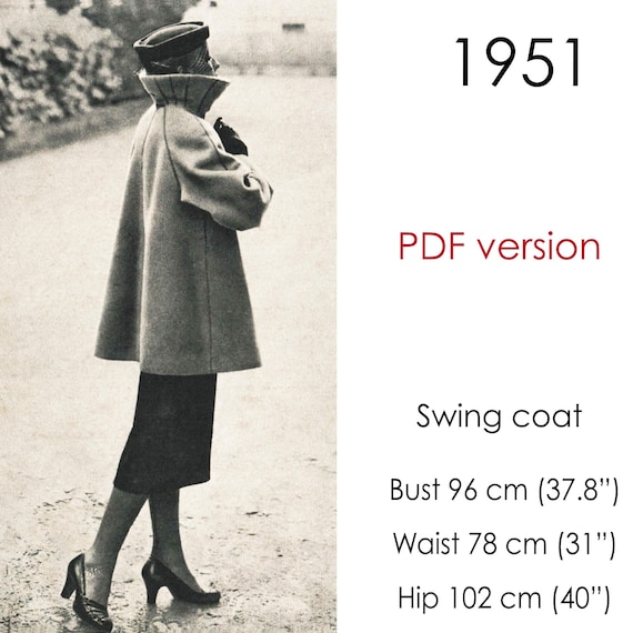 1950s Swing coat pattern. Original vintage size: bust 96 cm (38")