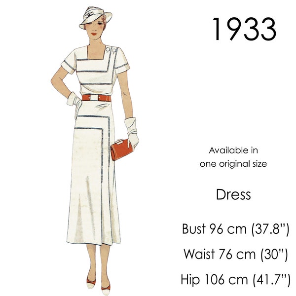 1930s Dress pattern. A short sleeved dress with pleated skirt and art deco styling. Original vintage size for bust: 96 cm / 37" - 38"