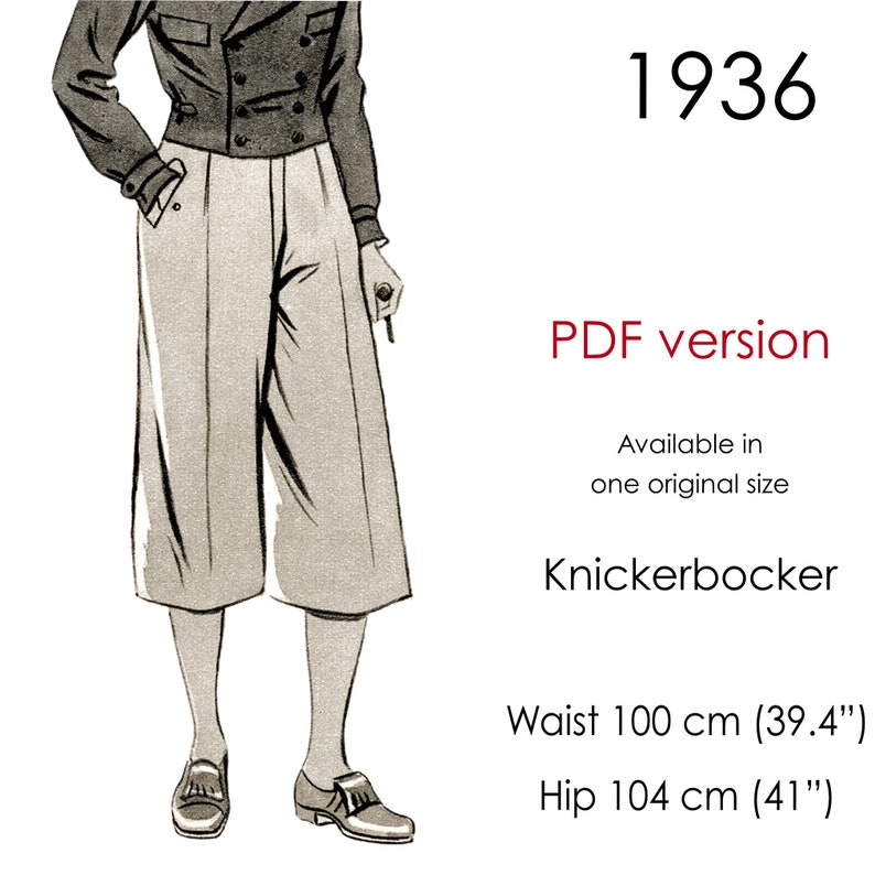 1930s Sewing Patterns- Dresses, Pants, Tops     1930s Mens knickerbocker plus-fours pattern in original vintage size waist  AT vintagedancer.com