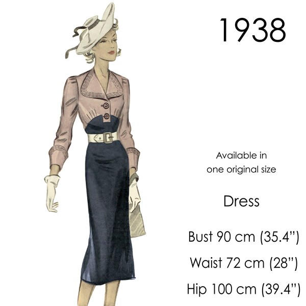 Patron de robe des années 30. Robe taille haute, manches longues et col plat. Buste vintage original de 90 cm / 35"-36"