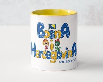 Taza azul bicolor con la bandera de Bosnia y Herzegovina (ABC Djeca Bosna i Hercegovina), 325 ml, amarillo/blanco