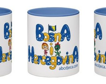 Taza azul bicolor con la bandera de Bosnia y Herzegovina (ABC Djeca Bosna i Hercegovina), 325 ml (azul/blanco)