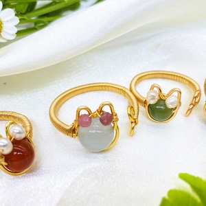 wrapped wire  Cat ring ，Adjustable Ring,Animal ring ，Lapis， Green Aventurine