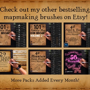 Pode incluir: Uma cole&ccedil;&atilde;o de pinc&eacute;is de arte digital para cria&ccedil;&atilde;o de mapas, incluindo pinc&eacute;is de &iacute;cones, carimbos de &aacute;rvores e florestas, texturas de papel antigo e banners. A imagem inclui o texto "Check out my other bestselling mapmaking brushes on Etsy!"