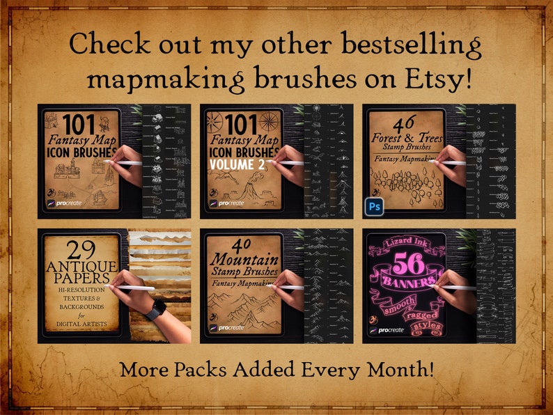 Pode incluir: Uma cole&ccedil;&atilde;o de pinc&eacute;is de arte digital para cria&ccedil;&atilde;o de mapas, incluindo pinc&eacute;is de &iacute;cones, carimbos de &aacute;rvores e florestas, texturas de papel antigo e banners. A imagem inclui o texto "Check out my other bestselling mapmaking brushes on Etsy!"