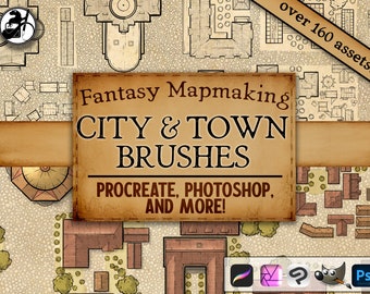 Stadt Stadt Kartenerstellung Pinsel für Photoshop, Procreate, Nahtlose Muster Texturen, Procreate Stempel, Fantasy Map Elemente, RPG DND Map Brush