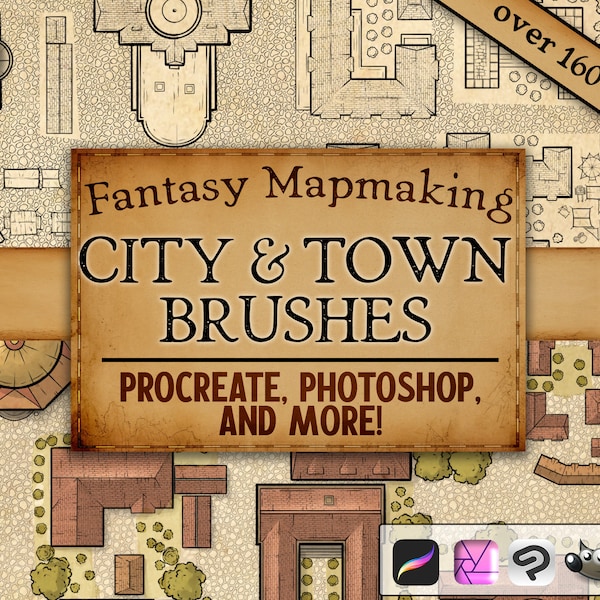 Stadt Stadt Kartenerstellung Pinsel für Photoshop, Procreate, Nahtlose Muster Texturen, Procreate Stempel, Fantasy Map Elemente, RPG DND Map Brush