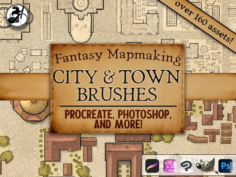 Pode incluir: Gr&aacute;fico de cria&ccedil;&atilde;o de mapas de fantasia com pinc&eacute;is de cidades e vilas. A imagem apresenta um letreiro em estilo vintage com o texto "CITY & TOWN BRUSHES" e "PROCREATE, PHOTOSHOP, AND MORE!". O fundo mostra v&aacute;rios elementos de mapa.