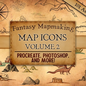 Ícones de mapas de fantasia, volume 2 para Procreate e Photoshop, selos de símbolos de mapas, criação de mapas, DnD, mapas DIY, ícones de cartografia, pincéis Procreate