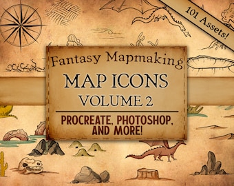Iconos de mapas de fantasía Volumen 2 para Procreate y Photoshop, sellos de símbolos de mapas, creación de mapas, DnD, mapas DiY, iconos de cartografía, pinceles Procreate