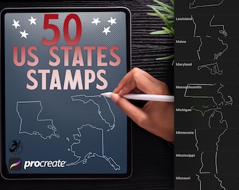 50 USA State Stamp Brushes for Procreate, United States Map Brushes, Patriotic American Fifty States, State Outlines, States Map, USA Map