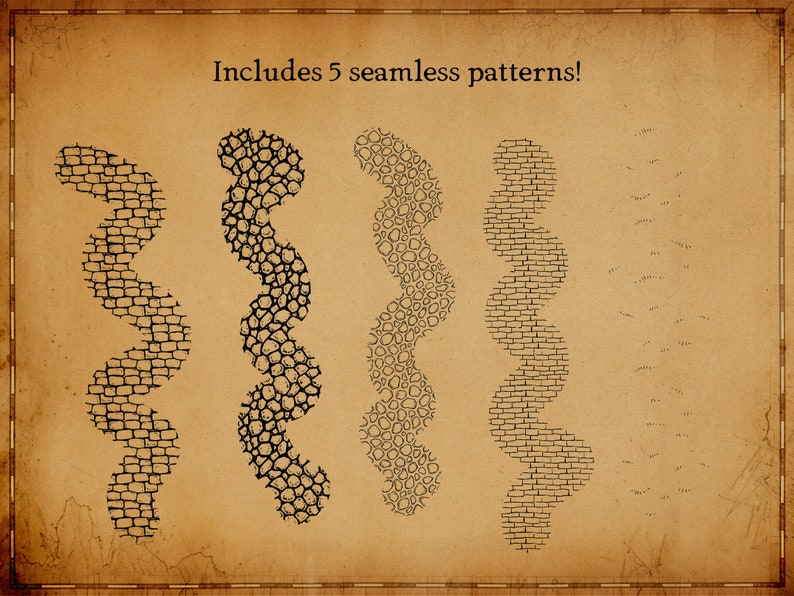 Pode incluir: Cinco padr&otilde;es cont&iacute;nuos s&atilde;o exibidos em um fundo semelhante a pergaminho. Os padr&otilde;es incluem desenhos de tijolos, pedras e seixos em preto e branco, dispostos em linhas onduladas. O texto "Includes 5 seamless patterns!" est&aacute; no topo.