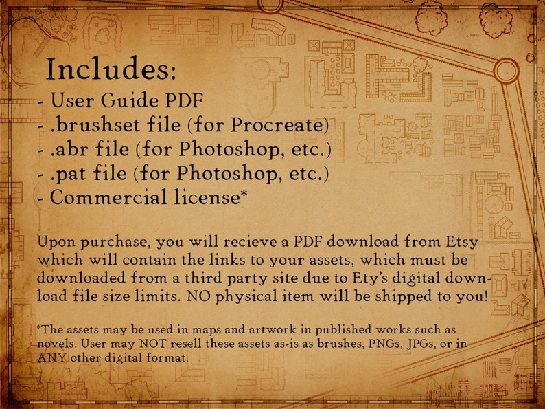 Pode incluir: Informa&ccedil;&otilde;es de download digital em um fundo de pergaminho. Inclui um guia do usu&aacute;rio em PDF, arquivo de conjunto de pinc&eacute;is, arquivo .abr, arquivo .pat e licen&ccedil;a comercial. O texto afirma que um download em PDF do Etsy ser&aacute; fornecido ap&oacute;s a compra.