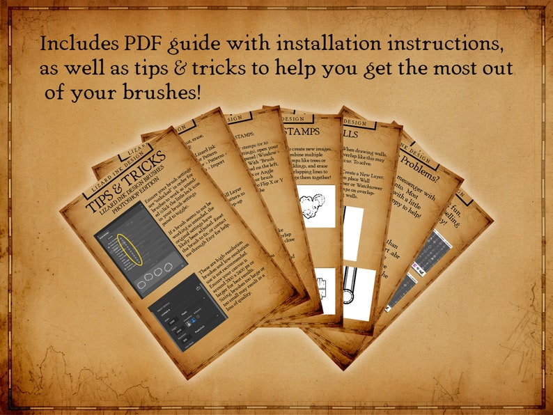 Pode incluir: Um conjunto de guias em estilo vintage para pinc&eacute;is do Photoshop, com o texto "Tips & Tricks" e "Lizard Ink Design". Os guias oferecem instru&ccedil;&otilde;es de instala&ccedil;&atilde;o e dicas para maximizar o uso dos pinc&eacute;is. O fundo tem uma textura semelhante a pergaminho.