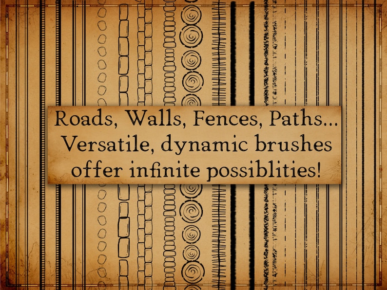 Pode incluir: Um fundo em estilo vintage com v&aacute;rios padr&otilde;es de linhas pretas que representam estradas, muros, cercas e caminhos. Uma placa retangular diz: "Roads, Walls, Fences, Paths... Versatile, dynamic brushes offer infinite possibilities!"