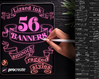 56 Sellos de Banner y Scroll para PROCREATE Pinceles Pinceles iPad Arte Digital Pincel Estilo Tatuaje Letras a Mano Caligrafía