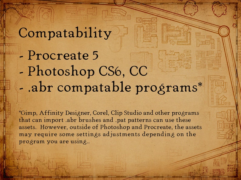 Pode incluir: Gr&aacute;fico em tons de pergaminho com texto detalhando a compatibilidade do software. O texto lista Procreate 5, Photoshop CS6, CC e programas compat&iacute;veis com .abr. Texto adicional explica a compatibilidade com outros programas.