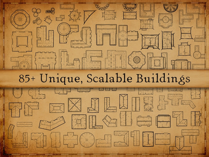 Pode incluir: Uma ilustra&ccedil;&atilde;o com mais de 85 designs de edif&iacute;cios &uacute;nicos e escal&aacute;veis, apresentados como desenhos de linhas pretas sobre um fundo em estilo pergaminho. A imagem mostra v&aacute;rios layouts arquitet&oacute;nicos, perfeitos para jogos de tabuleiro ou cria&ccedil;&atilde;o de mapas.