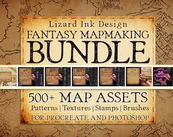 Ensemble de pinceaux pour cartographie Procreate Photoshop Map Stamps Assets Motifs sans couture Arrière-plans de texture de papier pour D&D RPG Cartographie fantastique