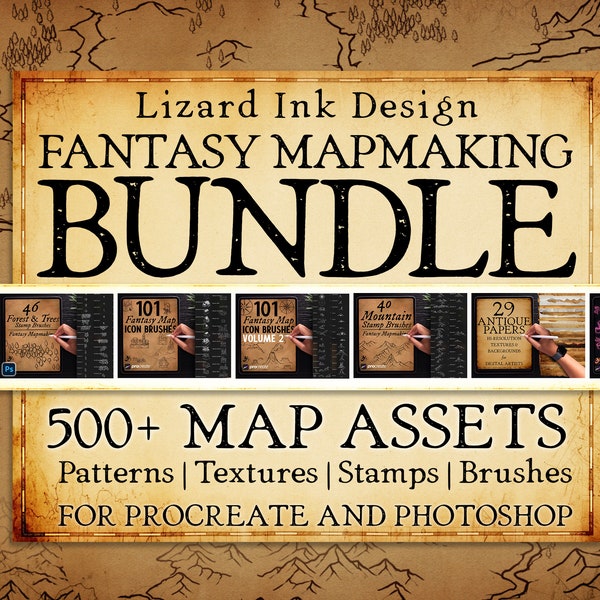 Mapmaking Brushes Bundle Procreate Photoshop Map Stamps Assets Seamless Patterns Paper Texture Backgrounds for DnD RPG Fantasy Cartography