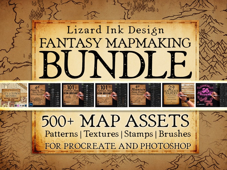 Ensemble de pinceaux pour cartographie Procreate Photoshop Map Stamps Assets Motifs sans couture Arrière-plans de texture de papier pour D&D RPG Cartographie fantastique image 1