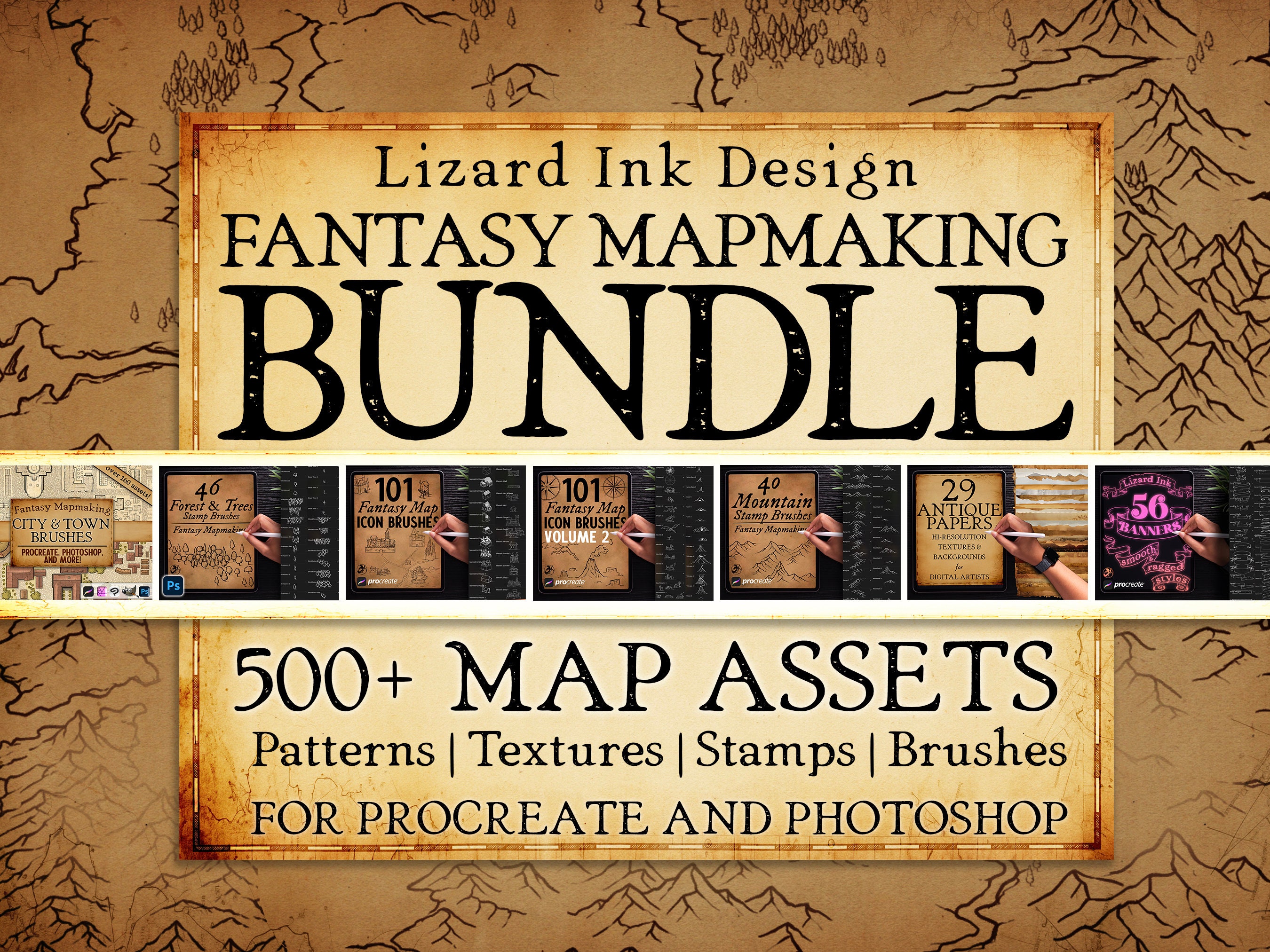 Pack de pinceles para cartografía fantástica en Procreate y Photoshop – 550+ sellos, patrones y texturas de papel para DnD/RPG