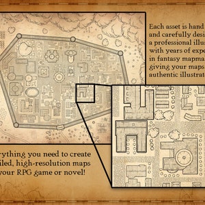 Pode incluir: Ilustra&ccedil;&atilde;o detalhada de mapa de fantasia em preto e branco com um layout de cidade, incluindo uma se&ccedil;&atilde;o ampliada. A imagem inclui texto: "Tudo o que voc&ecirc; precisa para criar mapas detalhados e de alta resolu&ccedil;&atilde;o para seu jogo de RPG ou romance!" e "Cada recurso &eacute; desenhado &agrave; m&atilde;o..."