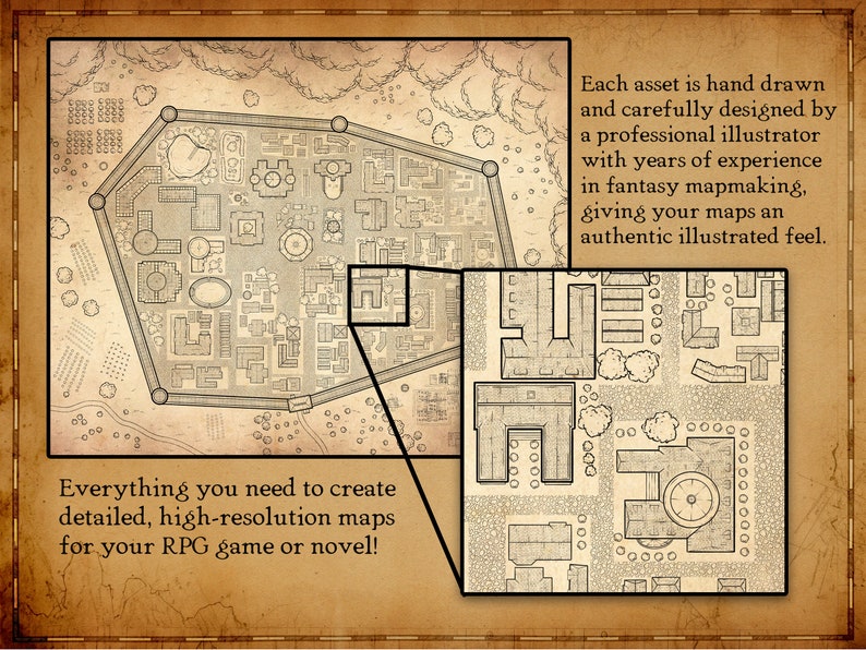 Pode incluir: Ilustra&ccedil;&atilde;o detalhada de mapa de fantasia em preto e branco com um layout de cidade, incluindo uma se&ccedil;&atilde;o ampliada. A imagem inclui texto: "Tudo o que voc&ecirc; precisa para criar mapas detalhados e de alta resolu&ccedil;&atilde;o para seu jogo de RPG ou romance!" e "Cada recurso &eacute; desenhado &agrave; m&atilde;o..."