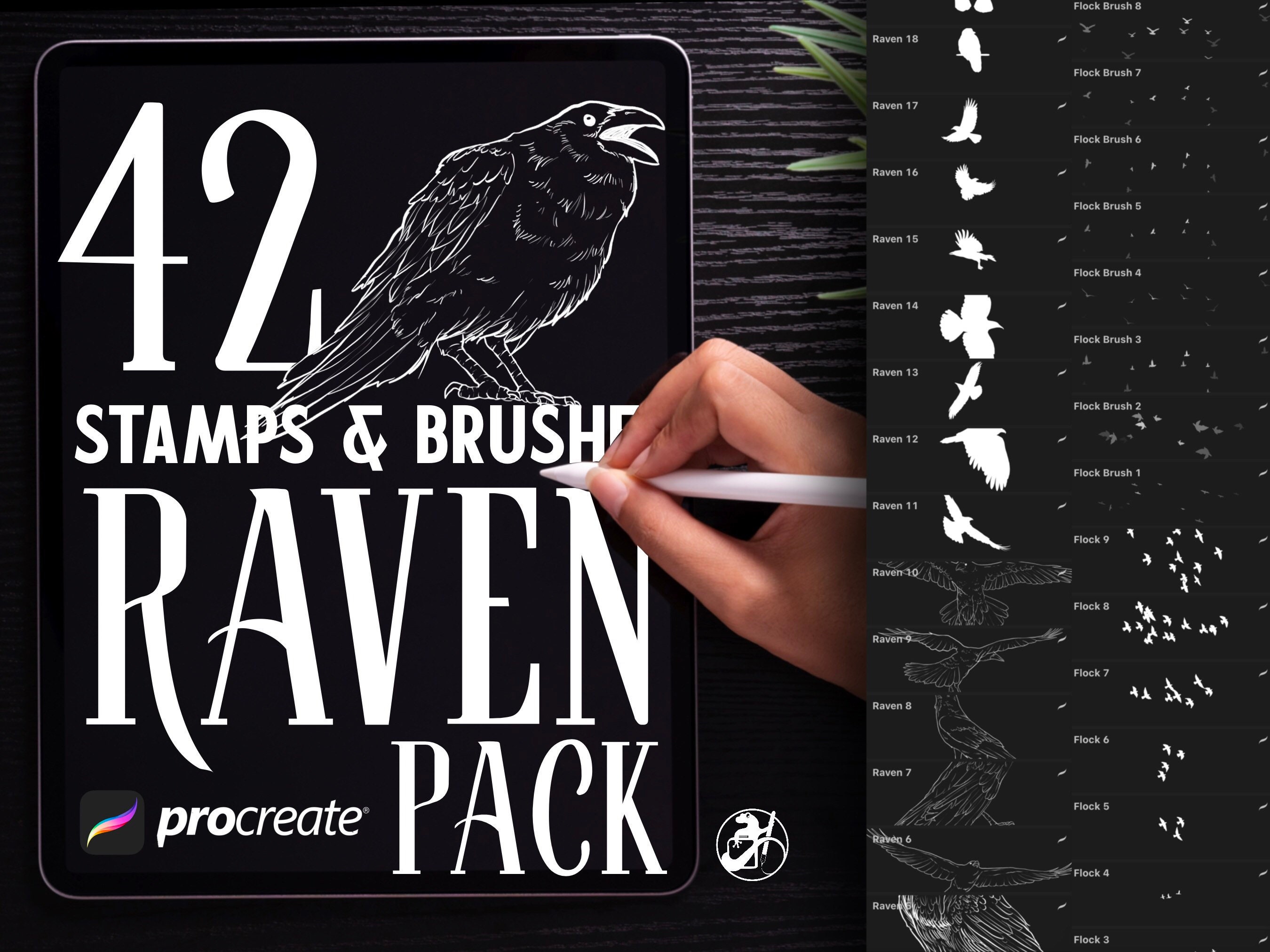 42 Raven & Crow Procreate Brushes and Stamps | Bird Silhouettes, Flocks, Tattoo-Ready