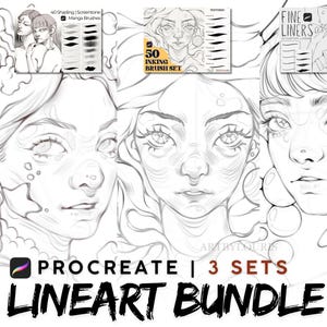 Peut inclure: Un ensemble de pinceaux numériques pour Procreate comprenant trois jeux : 40 Shading and Screentone Manga Brushes, 50 Inking Brush Set et Fine Liners. L'image présente des portraits en noir et blanc et divers exemples de traits de pinceau.