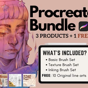 May include: A digital art bundle featuring a stylized illustration of a person with star hair accessories. Text reads: Procreate Bundle, 3 PRODUCTS + 1 FREE, WHAT'S INCLUDED? Basic Brush Set, Texture Brush Set, Inking Brush Set, FREE: 10 Original line arts.