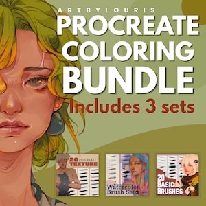 Könnte beinhalten: Eine digitale Illustration einer Person mit grünen Haaren und einem Goldfisch über einem Auge. Der Text lautet: ARTBYLOURIS PROCREATE COLORING BUNDLE Includes 3 sets. Drei kleine quadratische Symbole zeigen Pinselsets mit den Bezeichnungen 20 PROCREATE TEXTURE, Watercolor Brush Set und 20 BASIC BRUSHES.
