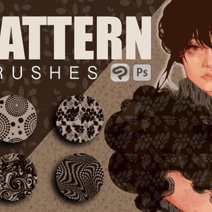 May include: A set of four Photoshop brushes featuring different patterns. The patterns include circles, swirls, and geometric shapes. The brushes are designed for use with Adobe Photoshop.