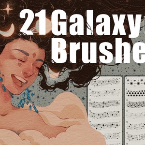 May include: 21 Galaxy Brushes for Procreate. A digital illustration of a woman with long brown hair and blue crystal earrings. The woman is smiling and has her eyes closed. The background is a dark blue with white stars. The image also includes a close-up of 21 different galaxy-themed brushes.