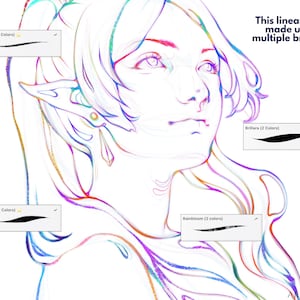 May include: Digital artwork of a person with long hair and pointed ears, outlined in various colours. The image includes text: "This lineart was made using multiple brushes." and the artist's signature.