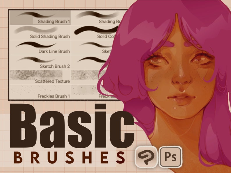 May include: A digital illustration of a woman with pink hair and freckles. The image is a guide for basic digital art brushes, including shading, solid shading, dark line, sketch, scattered texture, and freckles. The text "Basic Brushes" is displayed in large, bold letters. The logos for Adobe Photoshop and Clip Studio Paint are also shown.