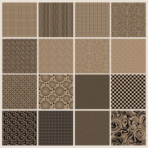 May include: A grid of sixteen different brown and black patterned designs. The patterns include geometric shapes, circles, and textures like woven fabric and checkerboards. The designs are arranged in a four-by-four grid.