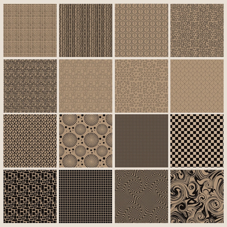 May include: A grid of sixteen different brown and black patterned designs. The patterns include geometric shapes, circles, and textures like woven fabric and checkerboards. The designs are arranged in a four-by-four grid.