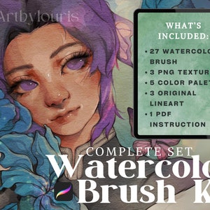 Procreate aquarelpenseelset | Complete set | GRATIS papiertextuur en lineart | GRATIS kleurenpalet